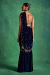 Shop_Label Sanya Gulati_Blue Silk Velvet Embroidered Sequin Embellished Pre-draped Saree With Blouse_at_Aza_Fashions
