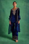 Buy_Label Sanya Gulati_Blue Silk Velvet Embroidered Sequin V-neck Floral Kurta Pant Set _at_Aza_Fashions