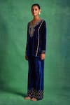 Buy_Label Sanya Gulati_Blue Silk Velvet Embroidered Sequin V-neck Floral Kurta Pant Set _Online_at_Aza_Fashions