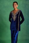 Shop_Label Sanya Gulati_Blue Silk Velvet Embroidered Sequin V-neck Floral Kurta Pant Set _Online_at_Aza_Fashions