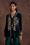 Label Sanya Gulati_Green Silk Velvet Embroidered Sequin Floral Placement Jacket With Sharara _at_Aza_Fashions