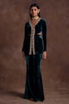 Label Sanya Gulati_Green Silk Velvet Embroidered Sequin V-neck Side Cut-out Kurta With Pant _Online_at_Aza_Fashions