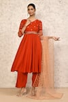 Buy_Samyukta Singhania_Orange Anarkali And Pant Rayon Slub Embroidered Thread V-neck Set _at_Aza_Fashions