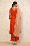 Shop_Samyukta Singhania_Orange Anarkali And Pant Rayon Slub Embroidered Thread V-neck Set _at_Aza_Fashions