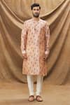 Arihant Rai Sinha_Peach , Chanderi Embroidery Botanic Print Kurta And Churidar Set _Online_at_Aza_Fashions