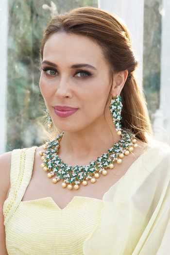 Buy_Studio6 Jewels_Green Crystals, Pearls Floral Cut Work Studded Necklace Set _at_Aza_Fashions