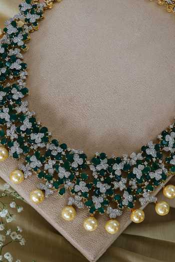 Studio6 Jewels_Green Crystals, Pearls Floral Cut Work Studded Necklace Set _Online_at_Aza_Fashions