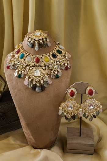 Shop_Studio6 Jewels_Multi Color Stones, Pearls, Zari Navratna Embellished Choker Necklace Set _at_Aza_Fashions