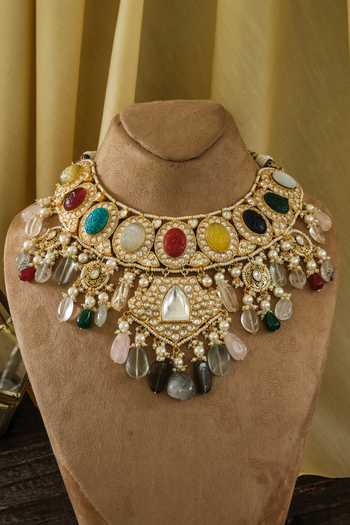 Studio6 Jewels_Multi Color Stones, Pearls, Zari Navratna Embellished Choker Necklace Set _Online_at_Aza_Fashions