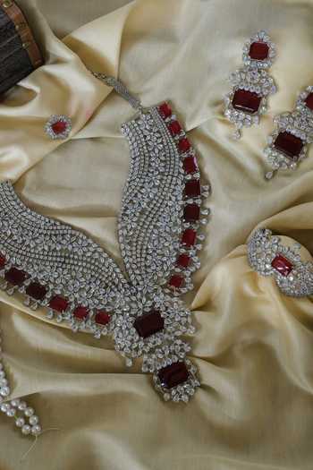 Studio6 Jewels_Red Crystals, Stones Victorian Cut Work Necklace Set _Online_at_Aza_Fashions
