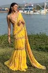 Buy_Foram Patel_Yellow Georgette Printed Paisley V-neck Mermaid Pre-draped Saree With Blouse _at_Aza_Fashions