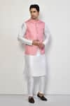 Buy_Arihant Rai Sinha_Pink Satin Plain Mandarin Collar Solid Bundi _at_Aza_Fashions