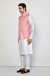 Shop_Arihant Rai Sinha_Pink Satin Plain Mandarin Collar Solid Bundi _Online_at_Aza_Fashions