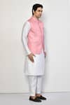 Arihant Rai Sinha_Pink Satin Plain Mandarin Collar Solid Bundi _at_Aza_Fashions