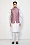 Arihant Rai Sinha_Purple Satin Printed Stripe Mandarin Collar Bundi _Online_at_Aza_Fashions