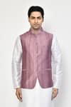 Buy_Arihant Rai Sinha_Purple Satin Printed Stripe Mandarin Collar Bundi _Online_at_Aza_Fashions