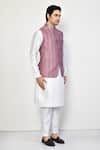 Arihant Rai Sinha_Purple Satin Printed Stripe Mandarin Collar Bundi _at_Aza_Fashions