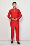 Buy_Arihant Rai Sinha_Red Silk Plain Mandarin Collar Straight Kurta _at_Aza_Fashions