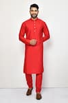 Buy_Arihant Rai Sinha_Red Silk Plain Straight Mandarin Collar Kurta _at_Aza_Fashions