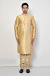 Buy_Arihant Rai Sinha_Gold Silk Plain Mandarin Collar Metallic Kurta _Online_at_Aza_Fashions