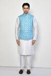 Arihant Rai Sinha_Blue Silk, Cotton Embroidery Sleeveless Geometric Mandala Nehru Jacket _Online_at_Aza_Fashions