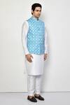 Arihant Rai Sinha_Blue Silk, Cotton Embroidery Sleeveless Geometric Mandala Nehru Jacket _at_Aza_Fashions
