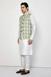 Shop Arihant Rai Sinha Green Linen, Cotton Geometric Butti Nehru Jacket Online at Aza Fashions Shop_Arihant Rai Sinha_Green Linen, Cotton Geometric Butti Nehru Jacket _Online_at_Aza_Fashions