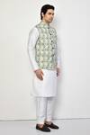 Arihant Rai Sinha Green Linen, Cotton Geometric Butti Nehru Jacket at Aza Fashions Arihant Rai Sinha_Green Linen, Cotton Geometric Butti Nehru Jacket _at_Aza_Fashions