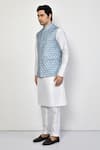 Shop Arihant Rai Sinha Blue Silk, Cotton Hexagon Pattern Nehru Jacket Online at Aza Fashions Shop_Arihant Rai Sinha_Blue Silk, Cotton Hexagon Pattern Nehru Jacket _Online_at_Aza_Fashions