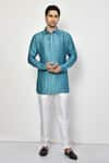 Buy_Arihant Rai Sinha_Blue Satin Self Design Collared Short Kurta _at_Aza_Fashions