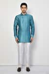 Arihant Rai Sinha_Blue Satin Self Design Collared Short Kurta _Online_at_Aza_Fashions