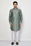 Arihant Rai Sinha_Green Satin, Cotton Stripe Pattern Long Kurta_Online_at_Aza_Fashions