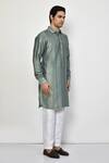 Arihant Rai Sinha_Green Satin, Cotton Stripe Pattern Long Kurta_at_Aza_Fashions
