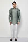 Arihant Rai Sinha_Green Linen Self Design Striped Pattern Short Kurta _Online_at_Aza_Fashions