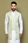 Buy_Arihant Rai Sinha_Green Silk Geometric Pattern Sleeveless Nehru Jacket _Online_at_Aza_Fashions