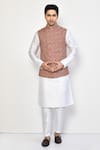 Buy_Arihant Rai Sinha_Red Cotton Blend Geometric Pattern Nehru Jacket _at_Aza_Fashions