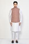 Arihant Rai Sinha_Red Cotton Blend Geometric Pattern Nehru Jacket _Online_at_Aza_Fashions