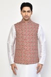 Buy_Arihant Rai Sinha_Red Cotton Blend Geometric Pattern Nehru Jacket _Online_at_Aza_Fashions