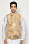 Arihant Rai Sinha_Yellow Silk Printed Paisley Checkered Bundi _Online_at_Aza_Fashions