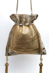 Shop_Nayaab By Sonia_Gold Cut Work, Diamonds, Beads, Tassels Hinted Pewter Embroidered Potli Bag _at_Aza_Fashions