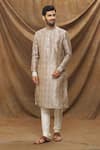 Shop_Samyukta Singhania_Grey Chanderi Silk Leaf Print Kurta Set _Online_at_Aza_Fashions