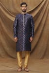 Samyukta Singhania_Blue Kurta Jacquard Banarasi Silk Floral Metallic Pattern And Churidar Set _Online_at_Aza_Fashions