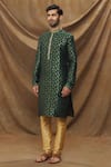 Shop_Samyukta Singhania_Green Kurta: Jacquard Banarasi Silk Floral Metallic Pattern Set For Men_Online_at_Aza_Fashions