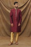 Buy_Samyukta Singhania_Wine Kurta Jacquard Banarasi Silk Floret Metallic Pattern And Churidar Set _Online_at_Aza_Fashions