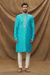 Arihant Rai Sinha Blue Jacquard, Chanderi Embroidery Floret Pattern Kurta And Cream Churidar Set Online at Aza Fashions Arihant Rai Sinha_Blue Jacquard, Chanderi Embroidery Floret Pattern Kurta And Cream Churidar Set _Online_at_Aza_Fashions