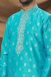 Shop Arihant Rai Sinha Blue Jacquard, Chanderi Embroidery Floret Pattern Kurta And Cream Churidar Set Online at Aza Fashions Shop_Arihant Rai Sinha_Blue Jacquard, Chanderi Embroidery Floret Pattern Kurta And Cream Churidar Set _Online_at_Aza_Fashions