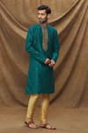 Buy_Samyukta Singhania_Blue Kurta Jacquard Banarasi Brocade Botanical Pattern And Churidar Set _Online_at_Aza_Fashions