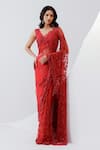 Buy_Istya_Red Net Embroidery Sequins V Neck Tonal Saree With Blouse _at_Aza_Fashions