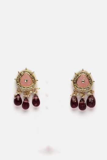 Buy_Dugran By Dugristyle_Multi Color Pearls, Carved Geometric Pendant Kundan Embellished Necklace Set _Online_at_Aza_Fashions