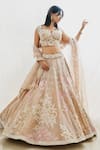 Buy_Sonia Bansal_Beige Organza Hand Embroidered Thread Notched Bridal Lehenga Set _at_Aza_Fashions